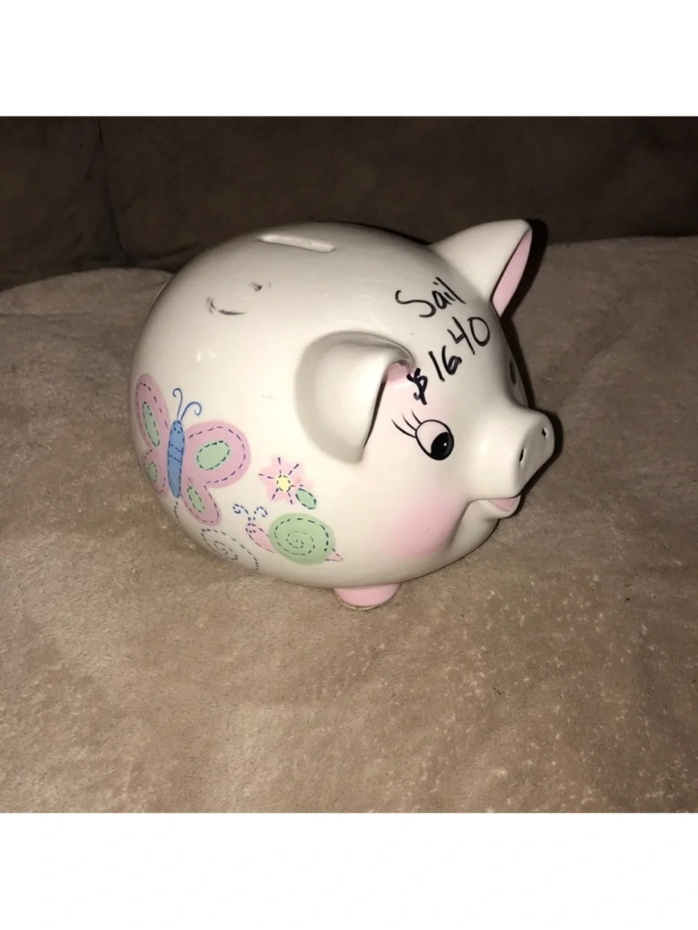 Ceramic White Piggy Bank with Pink Accents and Butterfly Design